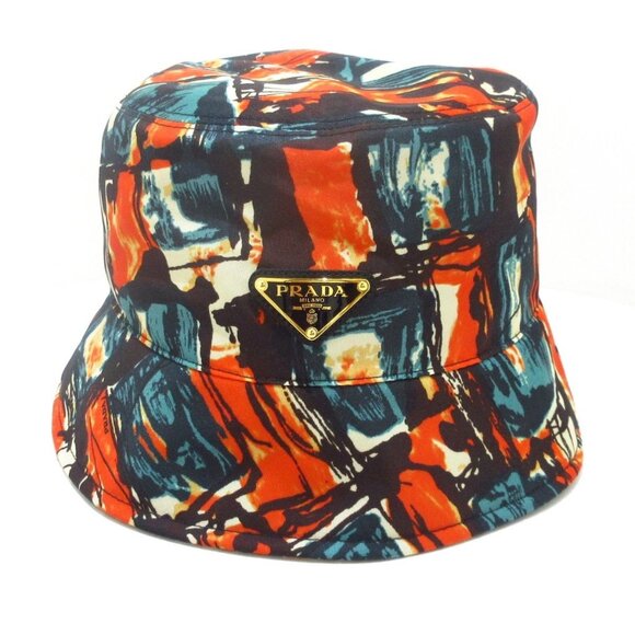 Auth PRADA Printed Re-Nylon Bucket Hat 1HC137_2HHO_F0049 Orange Blue Green Multi - Picture 1 of 8